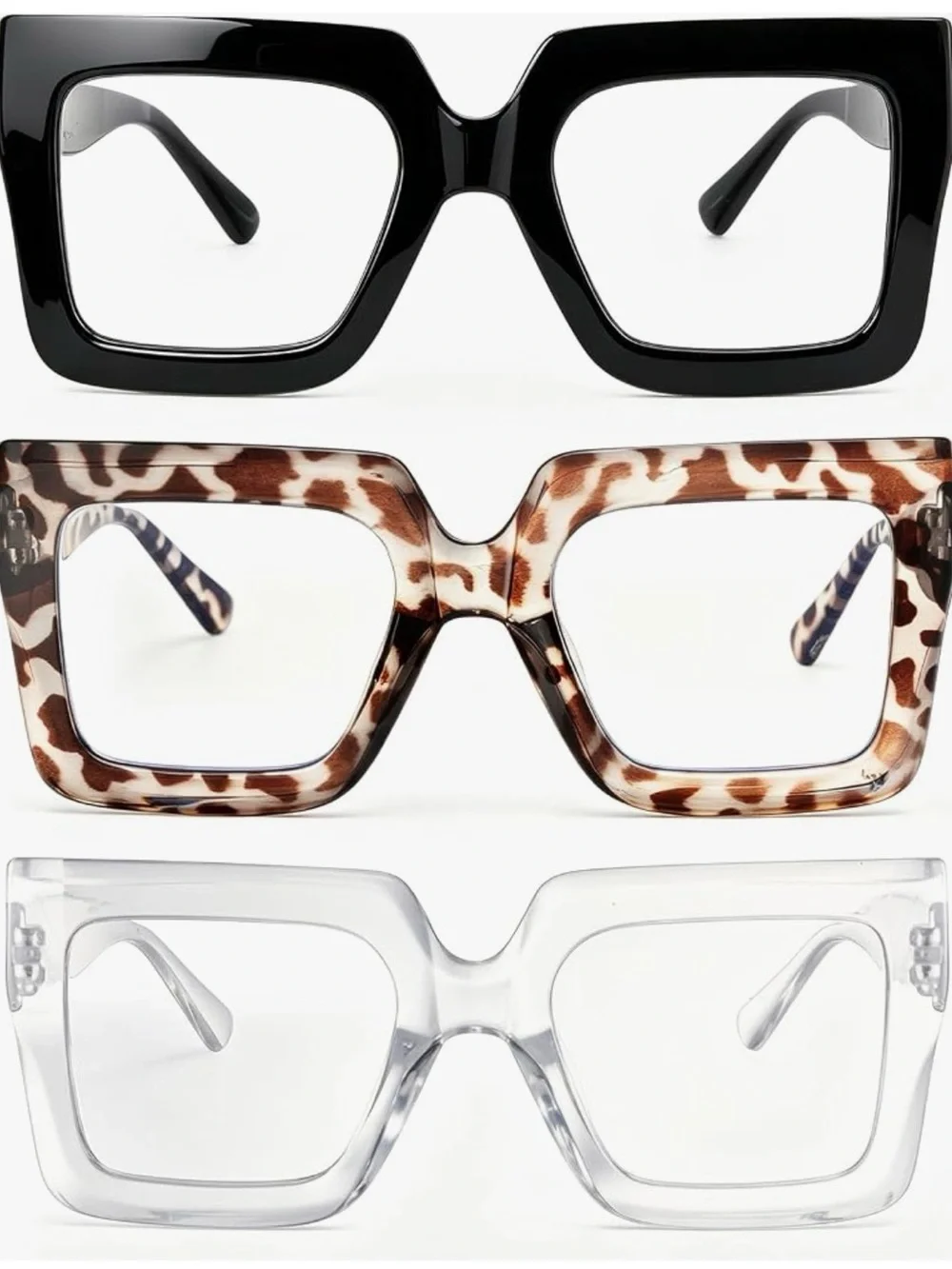 Woman’s Casual Fashion Square Frame Glasses — Black / Brown leopard/ Clear Set